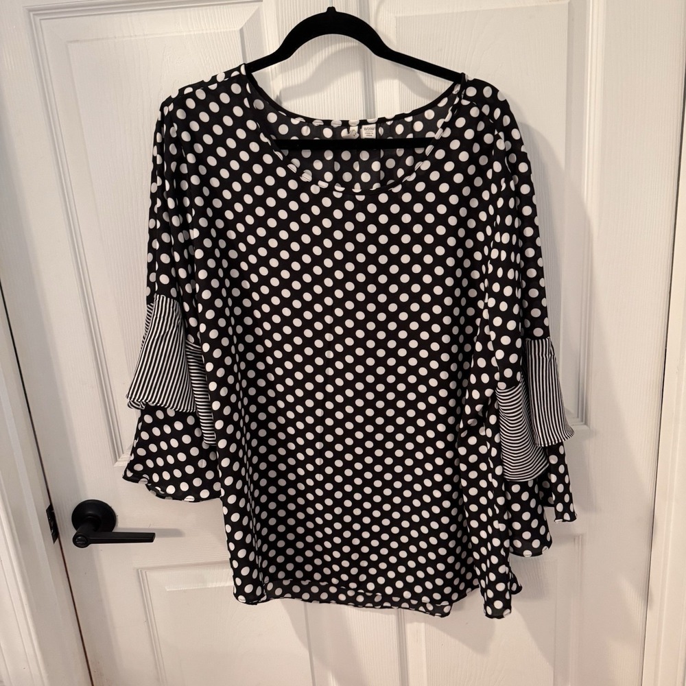Cato Women Top Plus Size‎ 18/20 Polkadot All Over Print Black Ruffles Flowy Boho